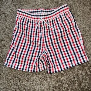 Janie and Jack Navy and Red gingham swim trunks Size 12